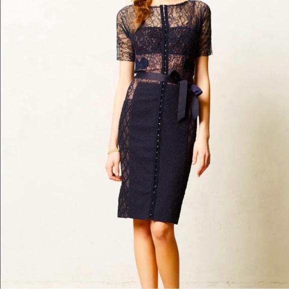 ANTHROPOLOGIE Byron Lars Beguile Navy Carissima Floral Lace Sheath Dress 0 - Picture 2 of 6